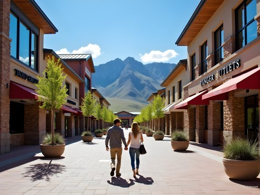 Tanger Outlets Park City with mountain backdrop and shoppers browsing luxury brand stores