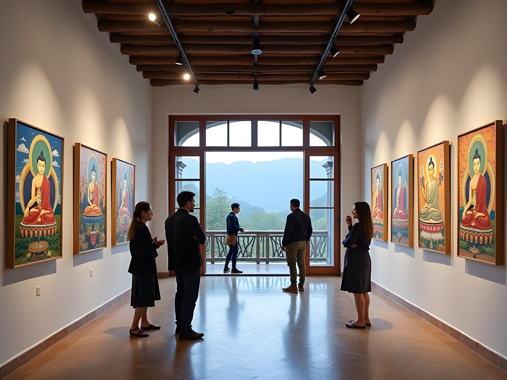 Modern art gallery in Paro showcasing contemporary Bhutanese paintings and sculptures