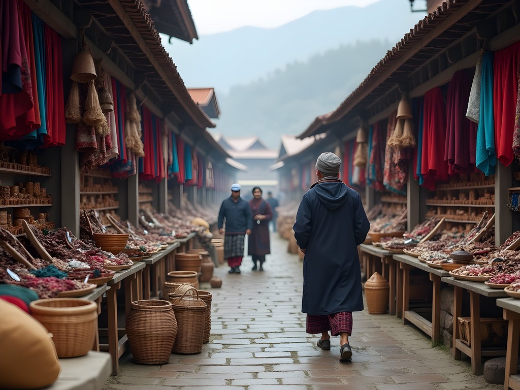 Early morning at Paro's weekend market with local artisans setting up traditional craft stalls