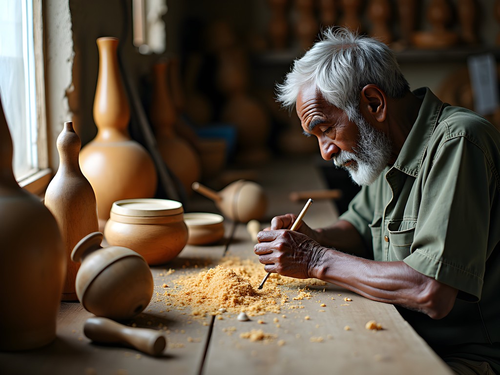 Jamaican artisan carving traditional wooden instruments in Portmore workshop