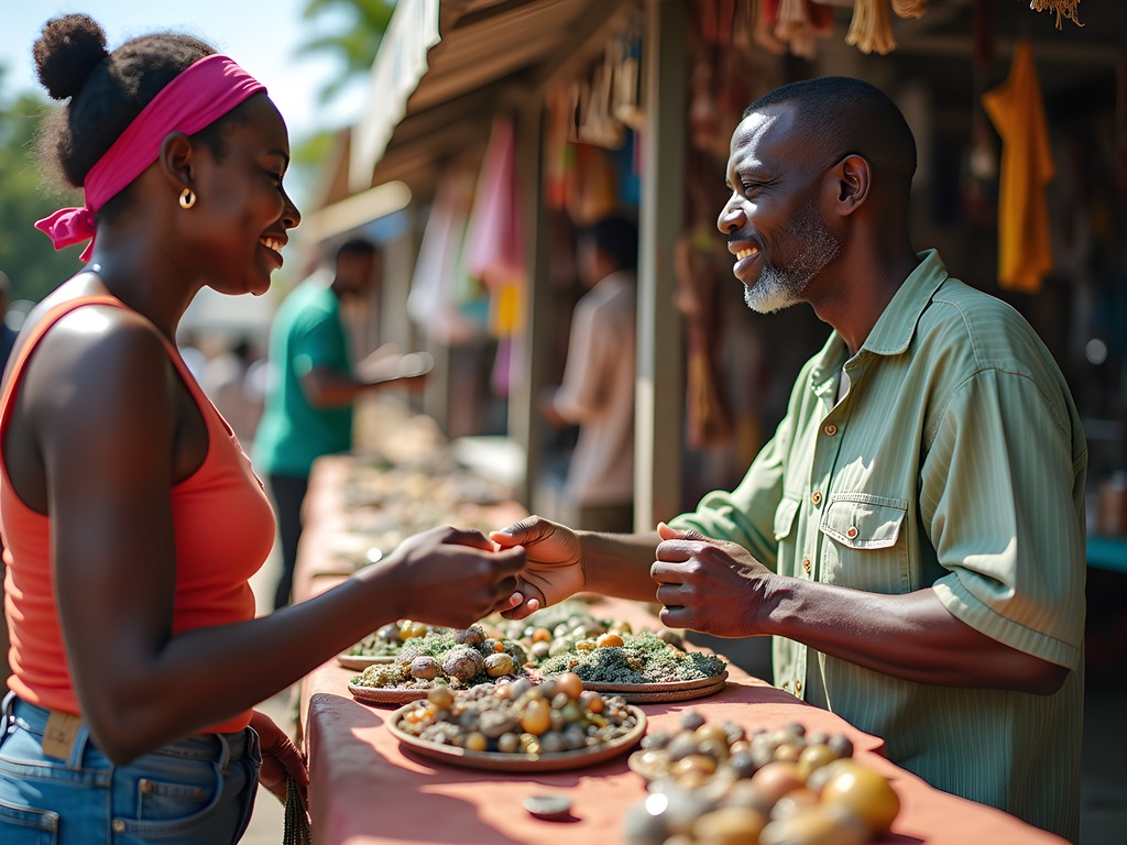 Friendly negotiation between shopper and vendor at Portmore craft market