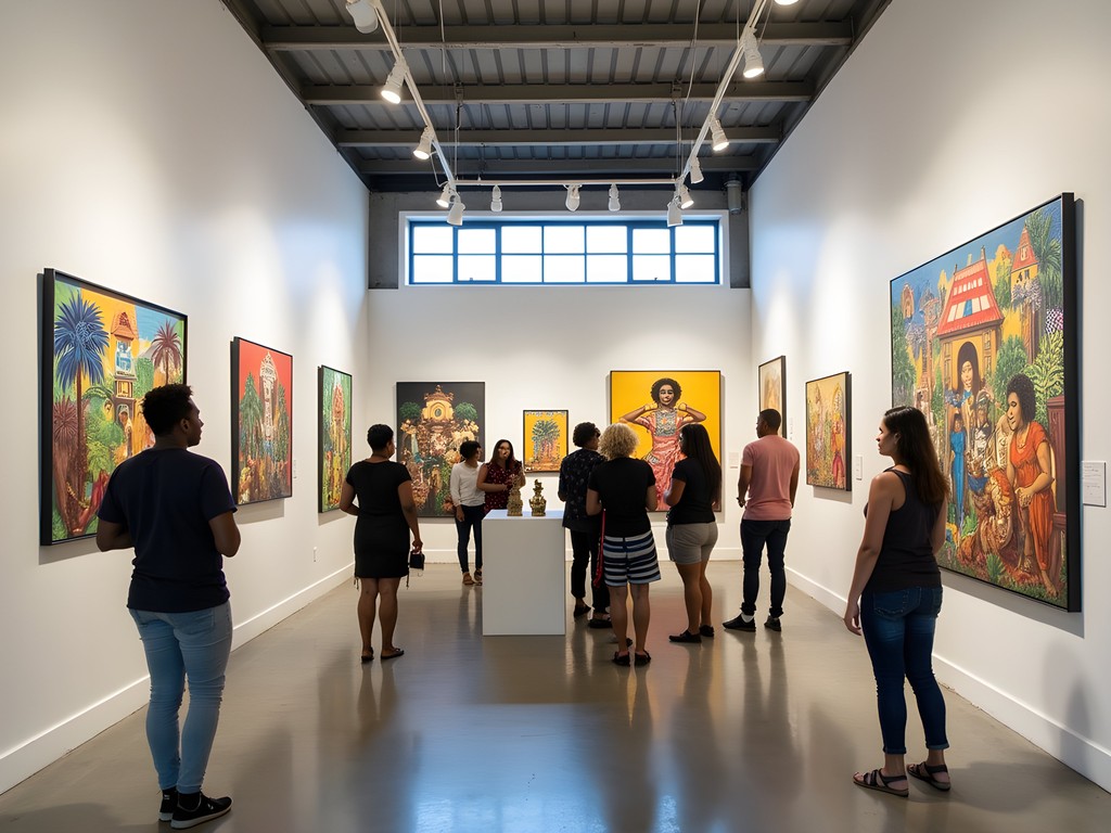 Interior of Portmore Arts Collective gallery showing colorful Jamaican artwork