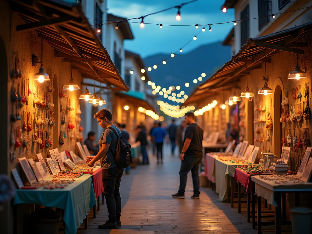 Evening artisan market at Plaza Cívica in Portoviejo with colorful craft displays