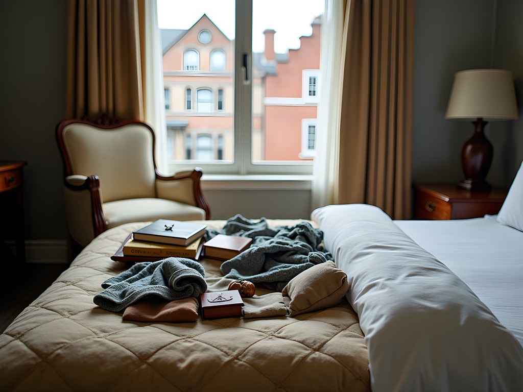 Carefully packing vintage items using tissue paper and packing cubes in a Quebec City hotel room