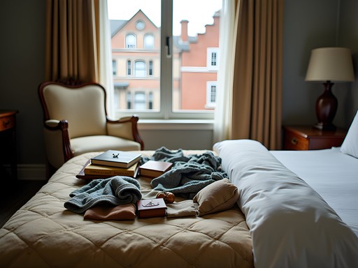 Carefully packing vintage items using tissue paper and packing cubes in a Quebec City hotel room