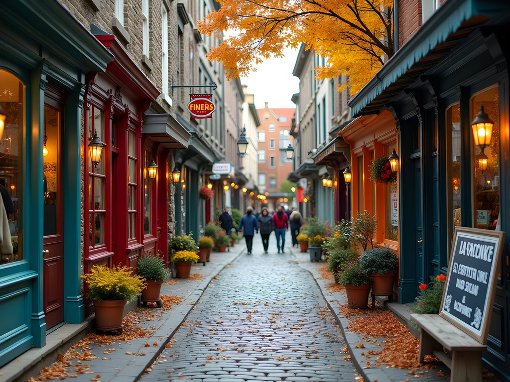 Colorful vintage shops along cobblestone street in Quartier Petit-Champlain, Quebec City