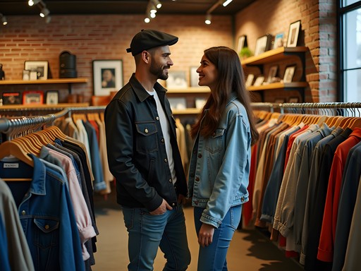 Couple browsing through vintage clothing racks in Saint-Jean-Baptiste district, Quebec City