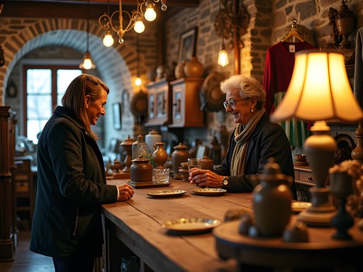 Customer and shop owner discussing vintage items in a cozy Quebec City boutique