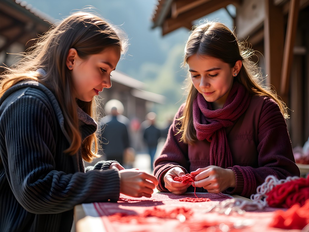 Child learning traditional Bulgarian craft technique from local artisan near Rila Monastery