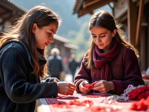 Child learning traditional Bulgarian craft technique from local artisan near Rila Monastery