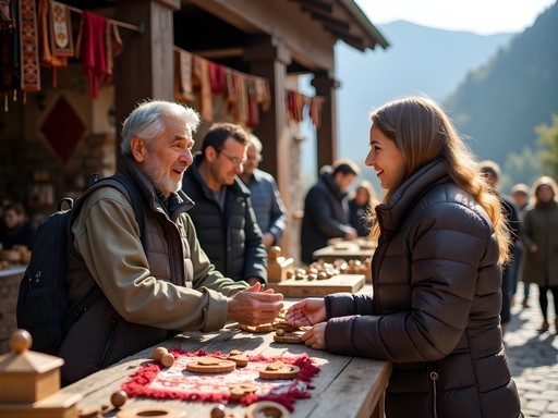 Respectful haggling interaction between tourist and Bulgarian artisan at Rila market