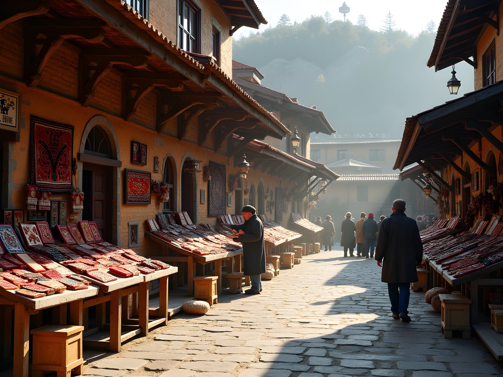 Traditional wooden market stalls outside Rila Monastery selling authentic Bulgarian crafts