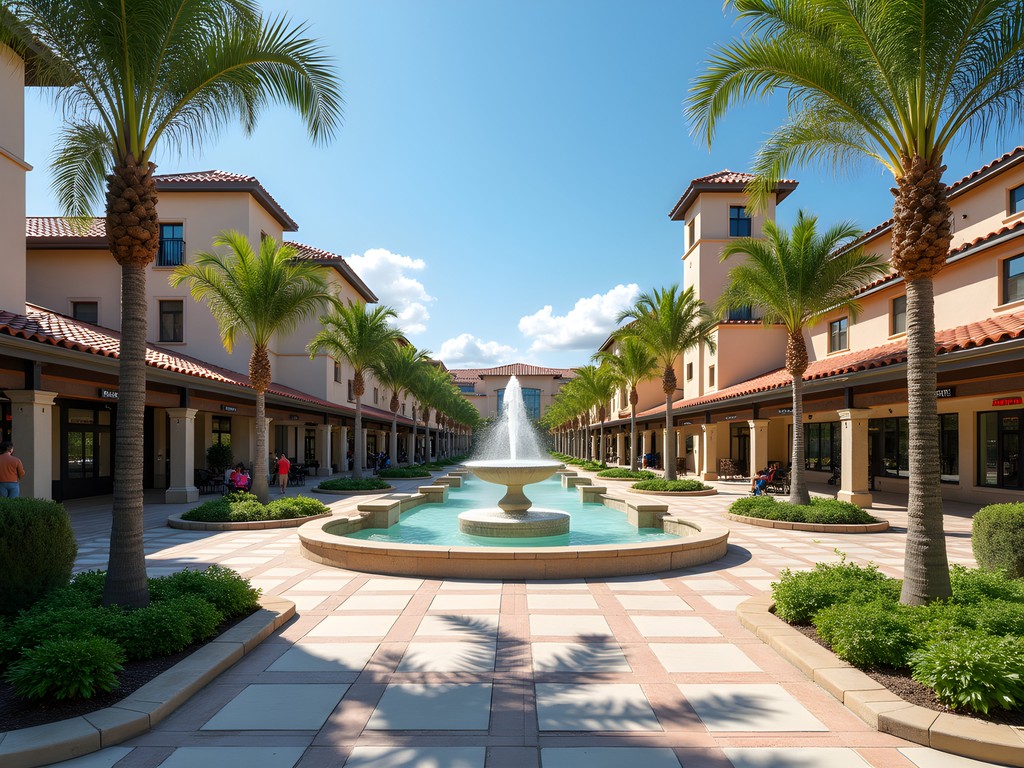 Pinnacle Hills Promenade outdoor shopping center with fountain and Mediterranean-style architecture in Rogers Arkansas
