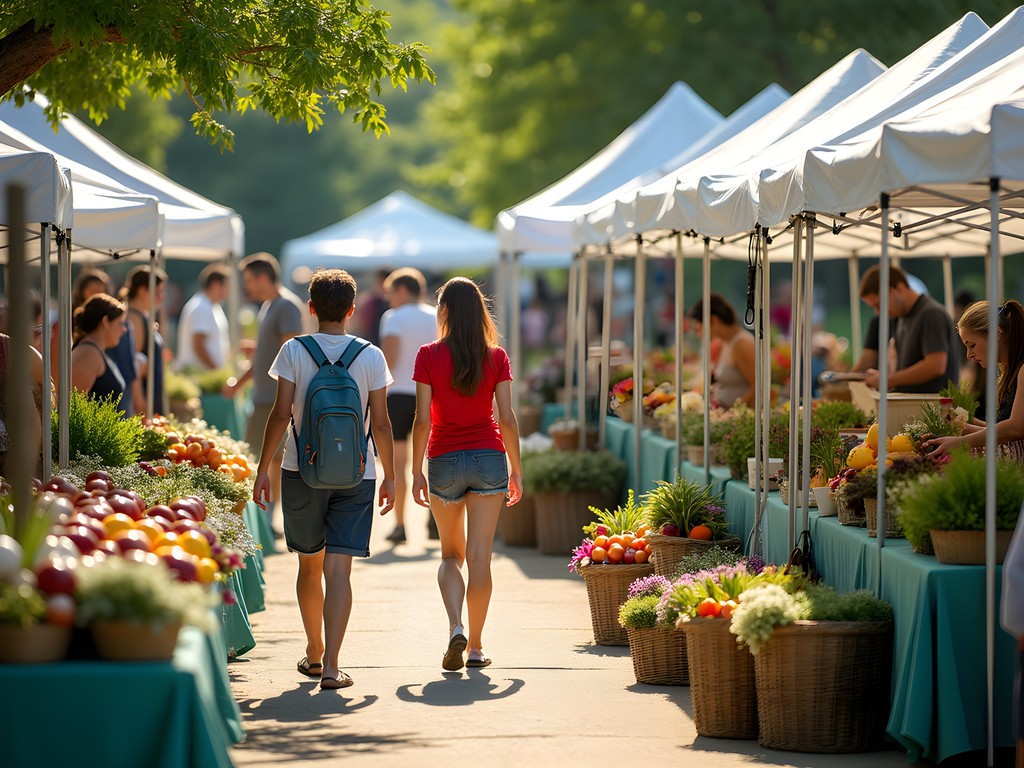 Rogers Arkansas farmers market with local artisan vendors, handmade goods, and fresh produce displays