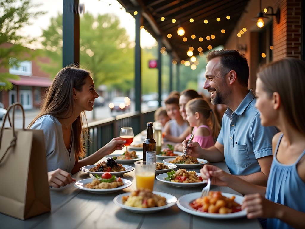 Family enjoying outdoor dining after shopping in downtown Rogers Arkansas