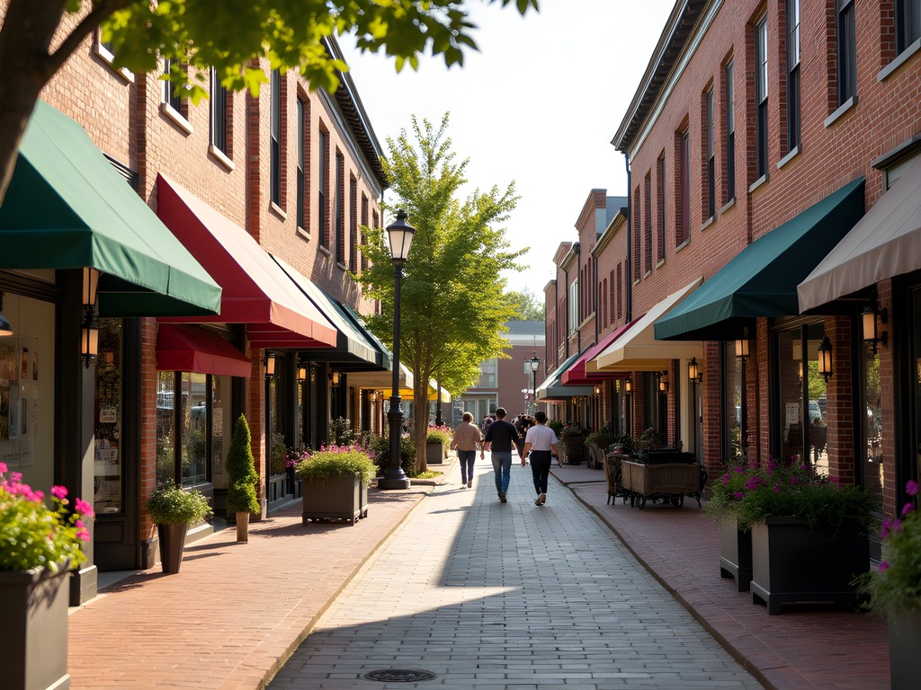 Historic brick buildings housing boutiques and shops in downtown Rogers, Arkansas