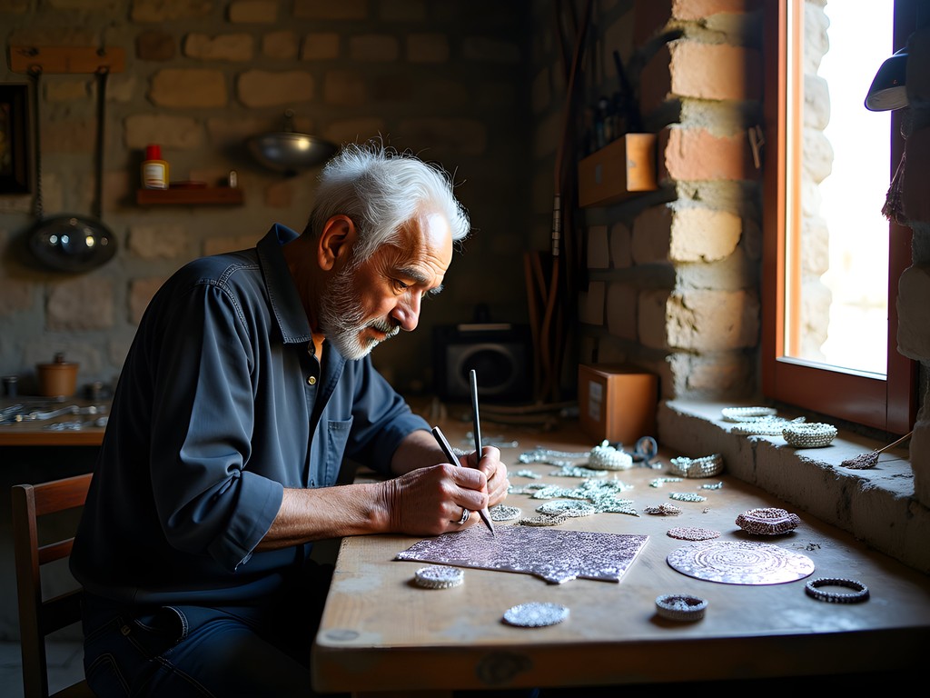Chilean silversmith creating traditional filigree jewelry at Pueblito Los Dominicos in Santiago