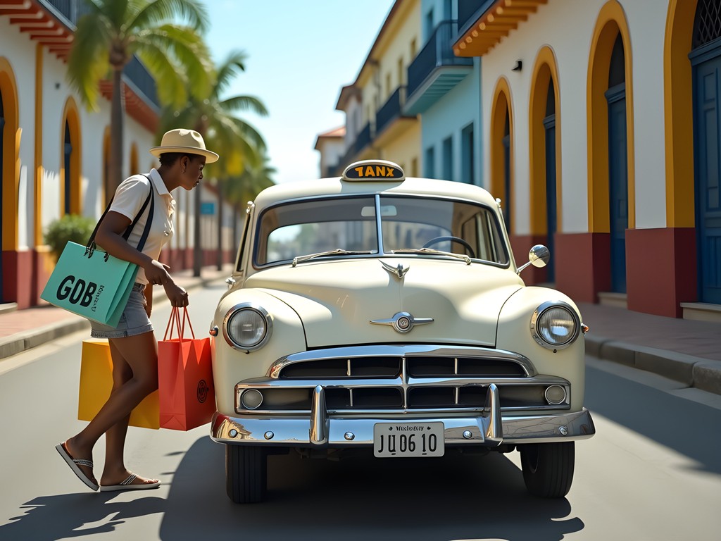 Tourist with shopping bags entering taxi in Santo Domingo