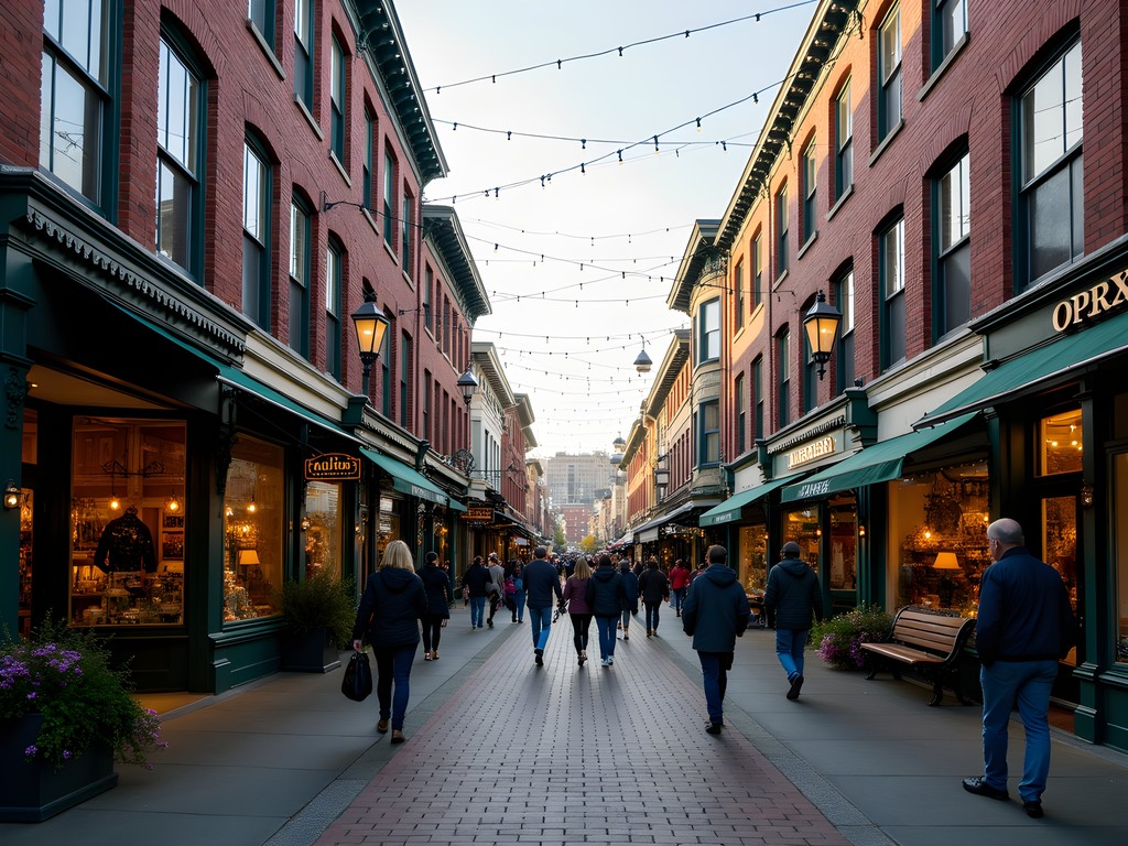 Historic brick buildings along Ballard Avenue with boutique storefronts and shoppers