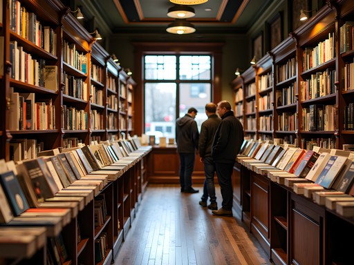 Woman browsing shelves at the historic University Book Store surrounded by books