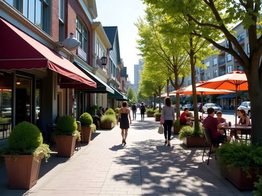 The Junction shopping district in West Seattle with local boutiques and pedestrians