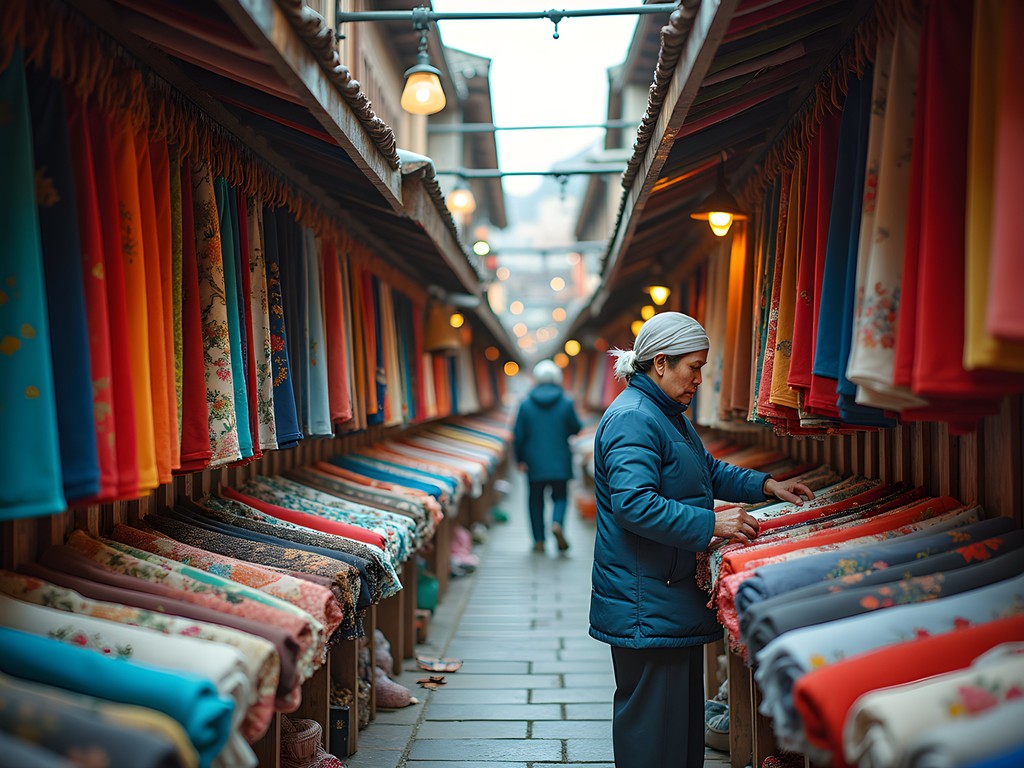 Colorful textile section in Gwangjang Market with traditional fabrics and elderly vendors