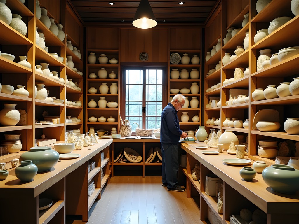 Traditional Korean craft shop in Insadong with handmade pottery and paper crafts