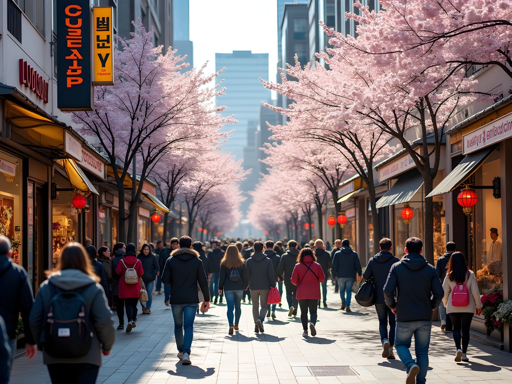 Busy Myeongdong shopping street in Seoul with cherry blossoms and shoppers