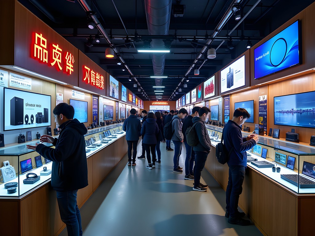 Bustling electronics market in Shanghai with displays of gadgets and tech products