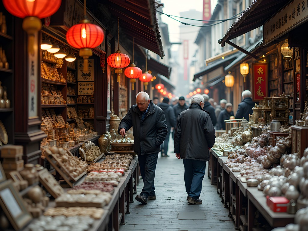 Vintage market in Shanghai with traditional Chinese antiques and collectibles