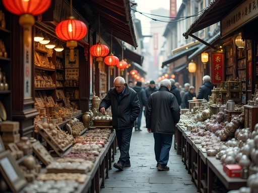 Vintage market in Shanghai with traditional Chinese antiques and collectibles
