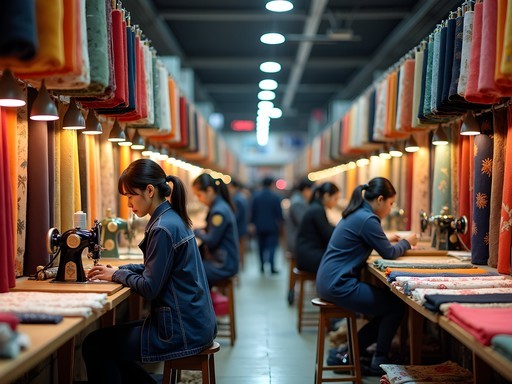 Colorful fabric bolts displayed at South Bund Fabric Market with tailors working