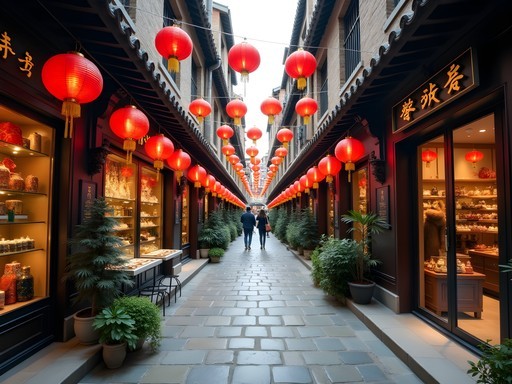 Narrow traditional lane in Tianzifang with boutique shops and Chinese lanterns