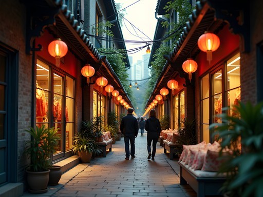 Narrow alleyway in Tianzifang with vintage shops and traditional shikumen architecture
