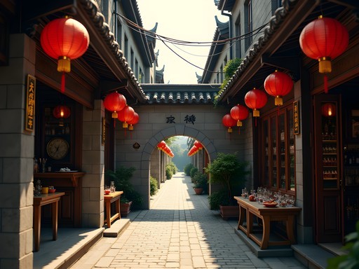 Atmospheric narrow alleyway in Tianzifang with traditional shikumen architecture and artisan shops