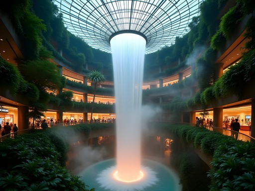 The spectacular indoor waterfall at Jewel Changi Airport surrounded by shops and lush greenery