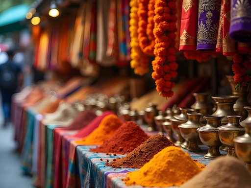 Vibrant market stalls in Little India, Singapore with colorful textiles and spices