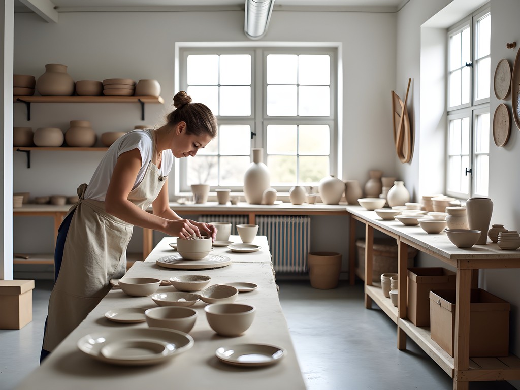 Danish ceramicist throwing clay on pottery wheel in bright Skagen studio