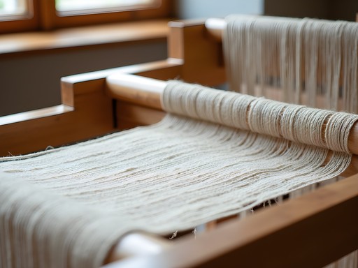Traditional floor loom with natural linen textile in progress at Danish workshop