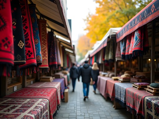 Traditional Bulgarian embroidered textiles displayed at Zhenski Pazar market in Sofia