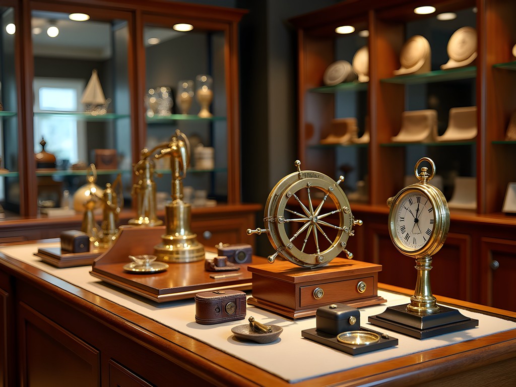 Curated display of maritime luxury artifacts and handcrafted nautical items in Southampton boutique