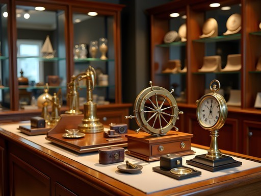 Curated display of maritime luxury artifacts and handcrafted nautical items in Southampton boutique