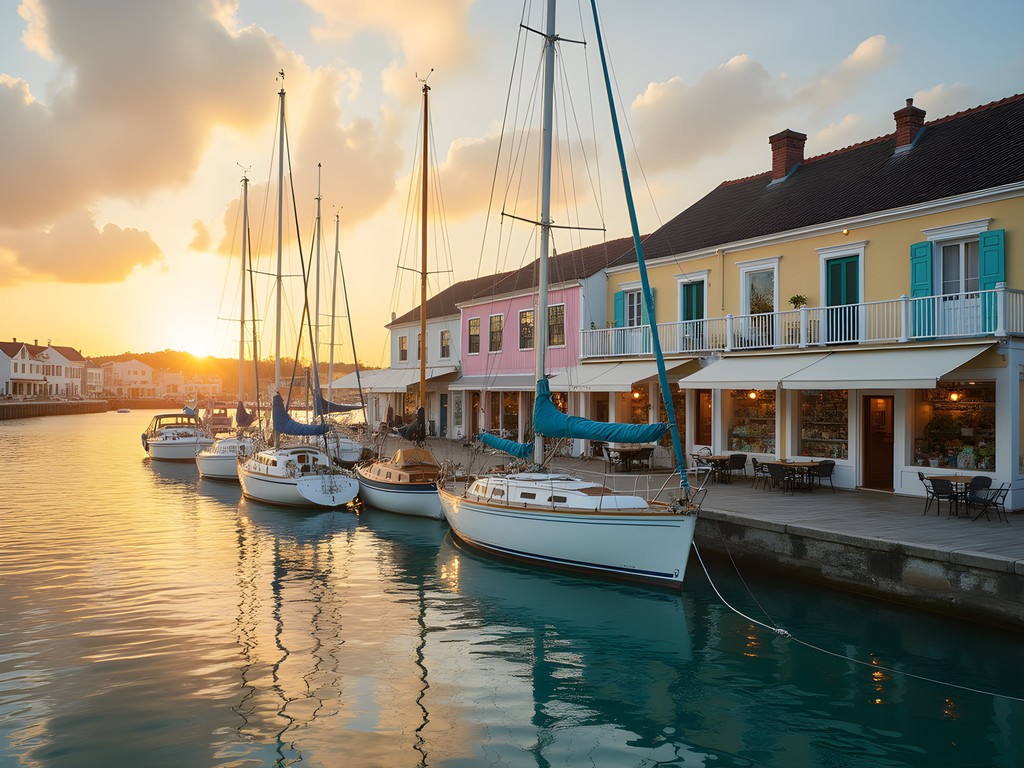 Early morning light illuminating Southampton's Waterfront Artisan Quarter with pastel-colored studios