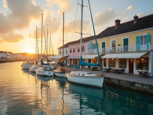 Early morning light illuminating Southampton's Waterfront Artisan Quarter with pastel-colored studios
