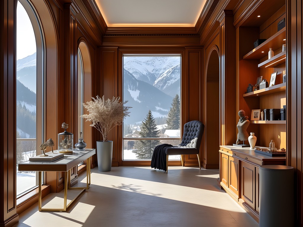 Elegant interior of luxury boutique at Badrutt's Palace Hotel with mountain views