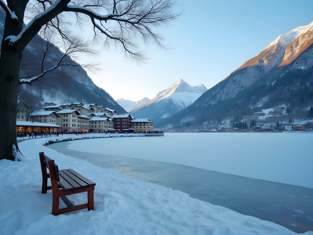 Woman taking a mindful moment on bench overlooking Lake St. Moritz between luxury shopping