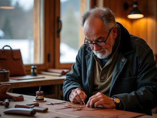 Traditional Swiss artisan crafting leather goods in wood-paneled workshop in St. Moritz