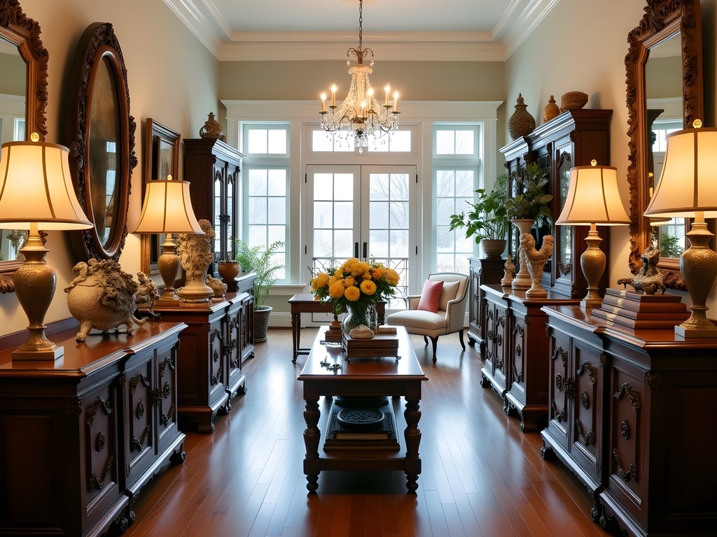 Elegant interior of high-end antique gallery in Stamford with vintage luxury items displayed
