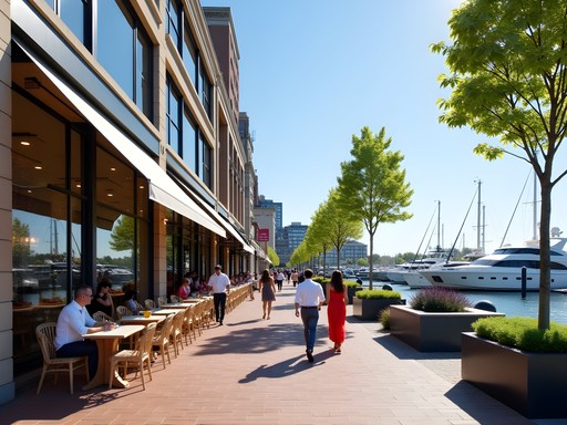 Upscale waterfront shopping district at Harbor Point Stamford with boutiques and cafes