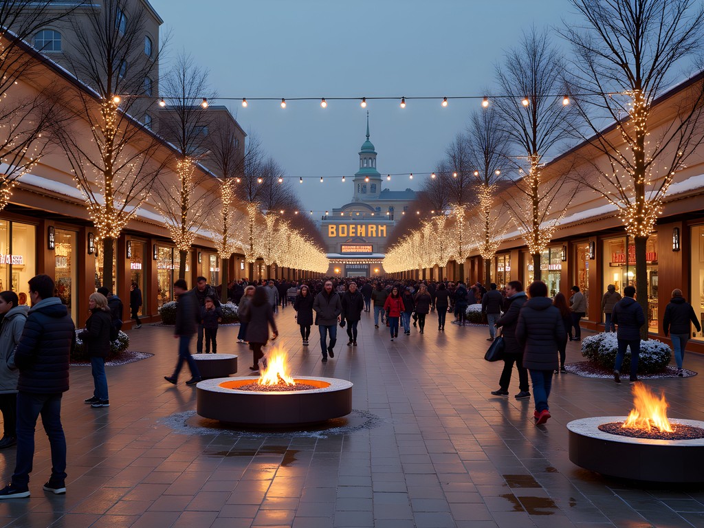 Partridge Creek Mall's central plaza illuminated for winter evening shopping